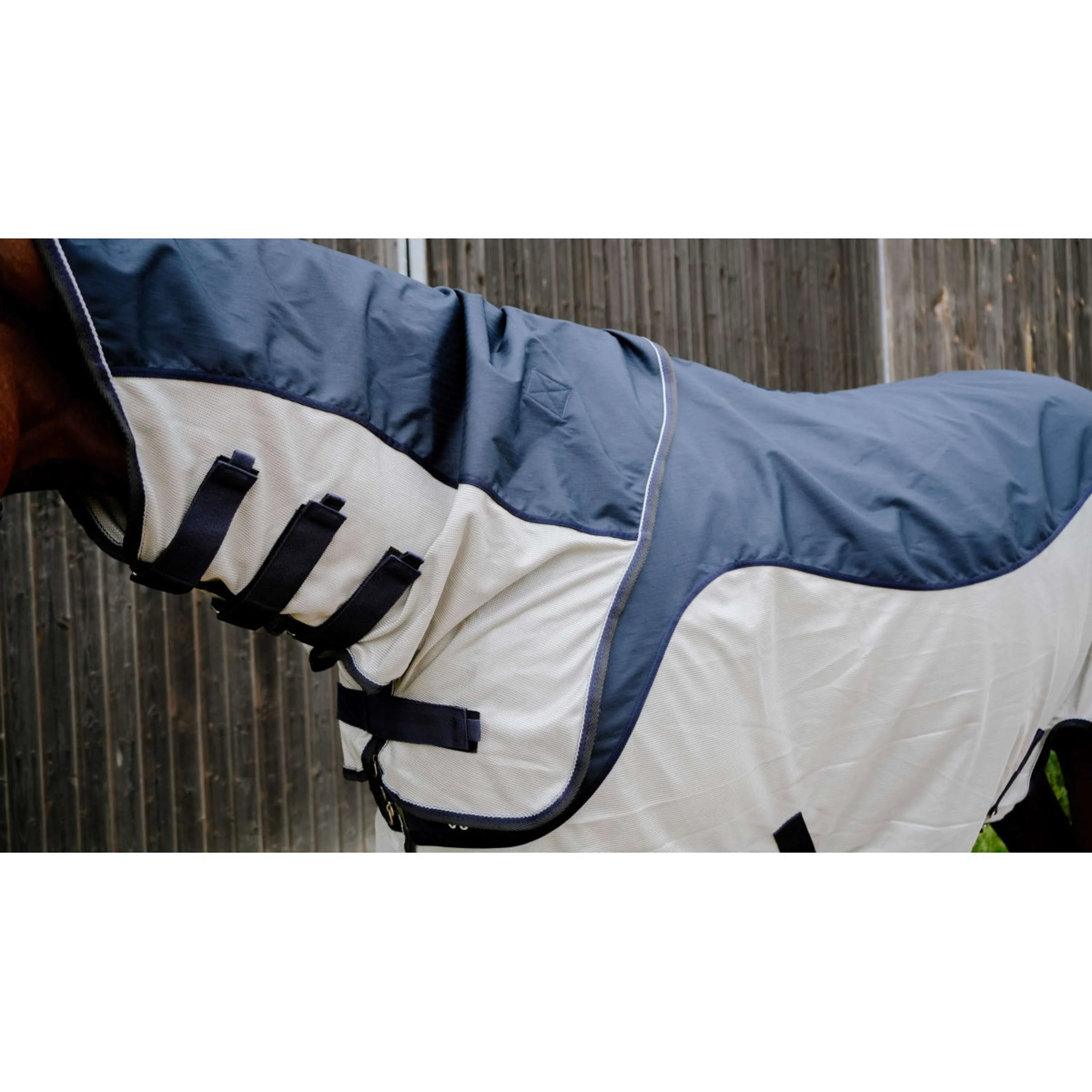 EQUITHÈME Couverture Anti-Mouches TYREX Combofly 600D avec Couvre-cou Navy Blue/Grey - Image 3